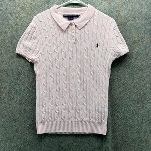 Ralph Lauren Sport Polo Sweater Women XL Pink Cotton Cable Knit Short Sleeve